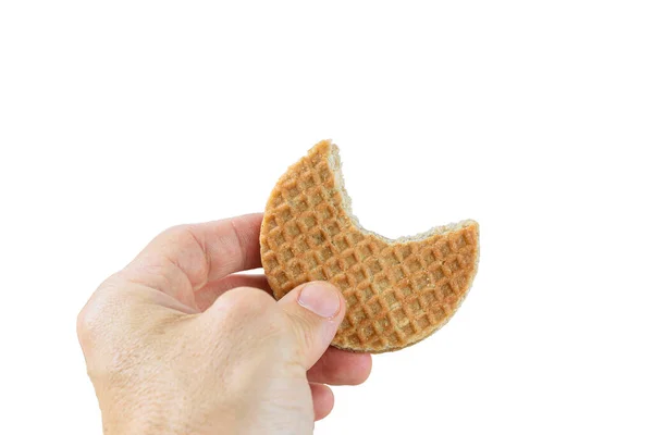 Man Som Håller Stroopwafel Cookie Med Bite White Bakgrund — Stockfoto
