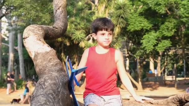 10Χρονος Βραζιλιάνος Κάθεται Κορμό Δέντρου Κρατώντας Αεροπλάνο Του — Αρχείο Βίντεο