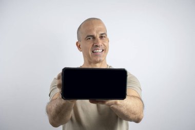 Caucasian, Brazilian man, 48 years old, in the studio showing emotions_17.