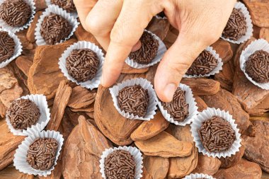 Male hand picking up a Brazilian chocolate truffle over small tree bark_20. clipart