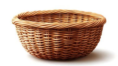 Beyaz arka planda izole edilmiş, doğal dokuma liflerinden yapılmış, güzel yapılmış boş bir hasır sepet. Bu kırsal ve çok yönlü sepet depolama, dekorasyon veya meyve ve sebze taşımak için idealdir.