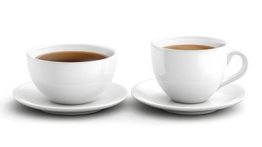 Tabakların üzerinde iki beyaz seramik fincan bulunan minimalist ve zarif bir resim, biri sade kahve ve diğeri de çay ile dolu. Temiz tasarım ve nötr arkaplan koyu kahve ve hafif çay arasındaki zıtlığı vurgular.