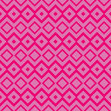 Çarpıcı, pürüzsüz bir desen. Özmerkezli elmas şekilleri, parlak pembe bir arka plana karşı beyazla çizilmiş. Bu enerjik geometrik tasarım moda, modern tekstil ve kalın grafik projeleri için mükemmeldir.