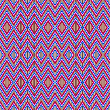 Pembe, mavi ve kırmızı, dikey çizgileri olan katmanlı elmas şekilleri içeren canlı ve kusursuz bir geometrik desen. Bu cesur ve renkli tasarım modern tekstil, dijital sanat ve göz alıcı arka planlar için mükemmeldir.
