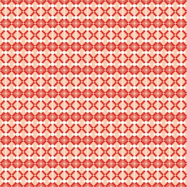 Yumuşak bir bej arkaplan üzerinde simetrik bir ızgara içinde düzenlenmiş karmaşık kırmızı halk esinlenilmiş geometrik desen. Bu geleneksel tasarım, tekstil, ev dekorasyonu ve kültürel Craf için mükemmel bir el yapımı, klasik estetiği çağrıştırıyor.