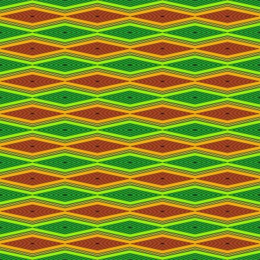 Parlak yeşil, turuncu ve sarı tonlarda katmanlı elmas şekilleri içeren kusursuz bir geometrik desen. Tekrarlayan çizgili düzen ve optik illüzyon etkisi, tekstil, arkaplan ve kalın grafik tasarımları için ideal retro estetiği çağrıştırıyor.