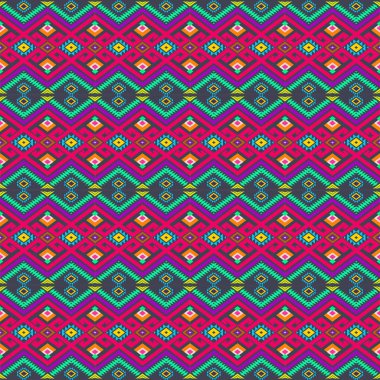 Geometrik zikzaklar ve neon pembe, yeşil, deniz mavisi ve sarı elmas şekilli canlı ve enerjik bir kabile modeli. Bu göz alıcı tasarım geleneksel motifleri modern, heyecan verici renk paletiyle birleştirerek çağdaş fas için mükemmel.