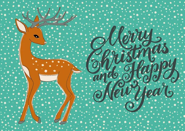 Vector Greeting Card Merry Christmas Happy New Year Deer Green — Stock Vector