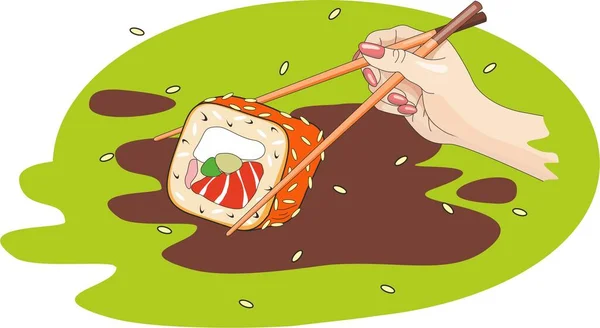 Mano Sostiene Sushi Sushi Con Pescado Semillas Sésamo Salsa Soja — Foto de Stock