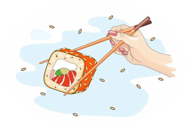 Kéz Tartja Sushit Sushi Hallal Szezámmaggal — Stock Fotó