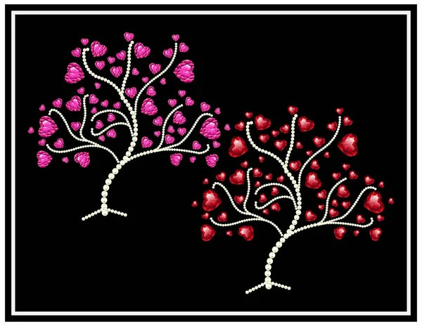 Heart Tree Vector Illustration Set Made Pearl Diamond Rhinestone — Stockvektor