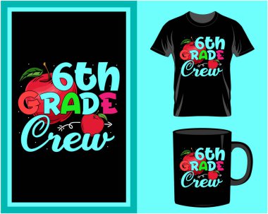 6. sınıf ekibi, öğretmen tipografi tişörtü ve kupa tasarım vektörü.