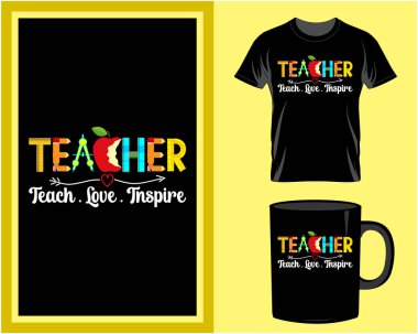 Öğretmen tipografi tişörtü ve kupa tasarım vektörü, tırnak içinde harfler
