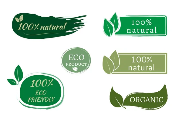 Vector Conjunto Logotipos Emblemas Dibujados Mano Alimentos Orgánicos Productos Naturales Vectores de stock libres de derechos