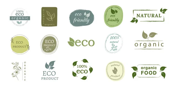 Conjunto Vectorial Logotipos Emblemas Ecológicos Dibujados Mano Alimentos Orgánicos Productos — Vector de stock