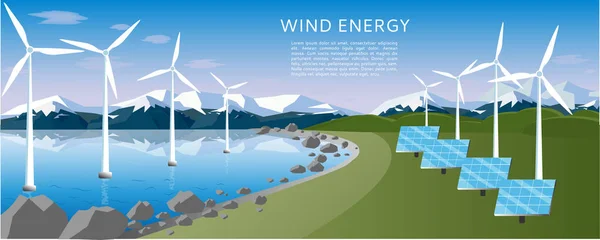 高山和岩石附近的水面上有风车 可再生能源 替代风能概念 矢量插图 扁平风格 — 图库矢量图片