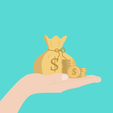 Hand holding a money bag. Coins in hand. The concept of saving finance and accounting. Vector illustration