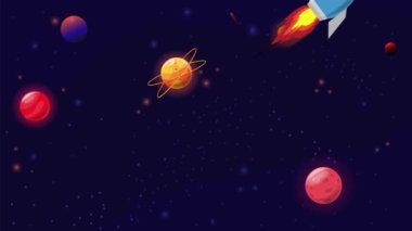 Simple flat cartoon animation of outer space, travel through the universe. Rocket and rockets fly in space