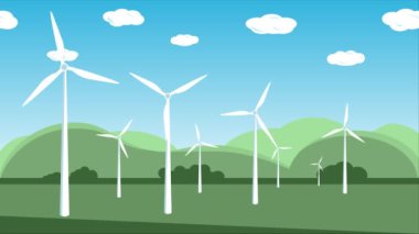 Simple flat cartoon animation of wind turbines. Renewable eco green wind energy concept
