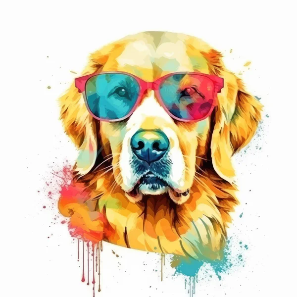 Watercolor Drawing Face Golden Retriever Dog Glasses Abstract Mixed Grunge — Stock Vector