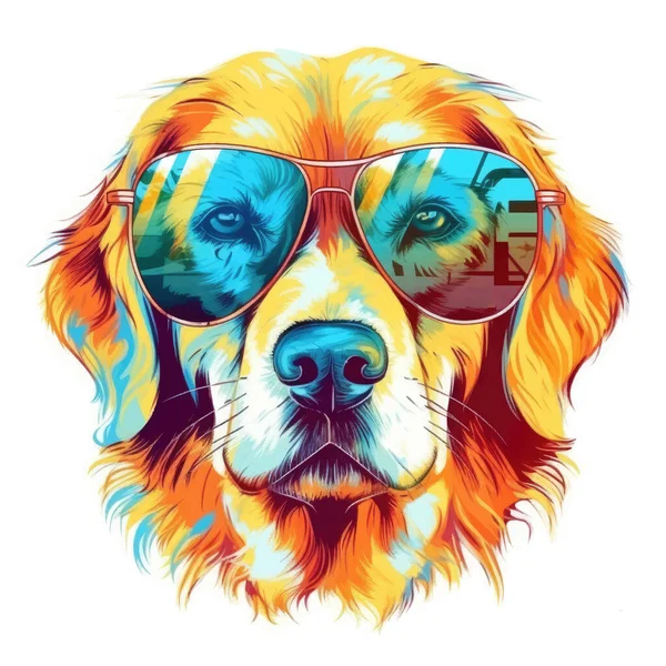 抽象的な混合されたグラウンジ色の絵画でメガネで金の回収犬の顔の水彩画 — ストックベクタ