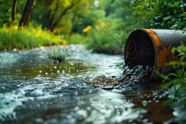 Tehlikeli kimyasallar ve tehlikeli atıklar bir drenaj demir borusu, çevre kirliliği konsepti aracılığıyla nehre boşaltılır.