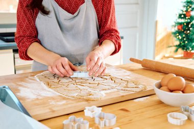 Kurabiye kesen bir kadın Noel kurabiyesi şeklinde zencefilli kurabiye. Online tariften ev yapımı hamur işleri yapmak. Noel ve Yeni Yıl gelenekleri bayram yemekleri.