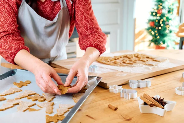 Kadın eli, kurabiyeleri fırın kağıdına zencefilli kurabiye şeklinde koyar. Ev yapımı hamur işleri. Noel ve Yeni Yıl gelenekleri bayram yemekleri.