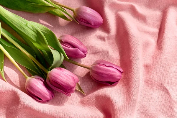 Colorful tulips on linen fabric. Pink, magenta or fuchsia tulips on wrinkled deep pink pastel cotton. Muted tone. Spring holiday floral decor.
