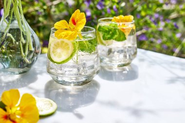 Yenilebilir nasturtiyum çiçekleri, limon ve nane yapraklı buzlu limonata. Tazeleyici yaz içeceği. Sağlıklı organik yaz gazozu. Detoks suyu. Diyet alkolsüz kuyruk kuyruğu.