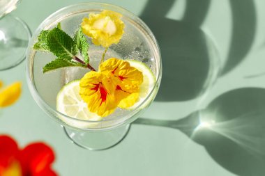 Yenilebilir nasturtiyum çiçekleri, limon ve nane yapraklı buzlu limonata. Tazeleyici yaz içeceği. Sağlıklı organik yaz gazozu. Detoks suyu. Diyet alkolsüz kuyruk kuyruğu.