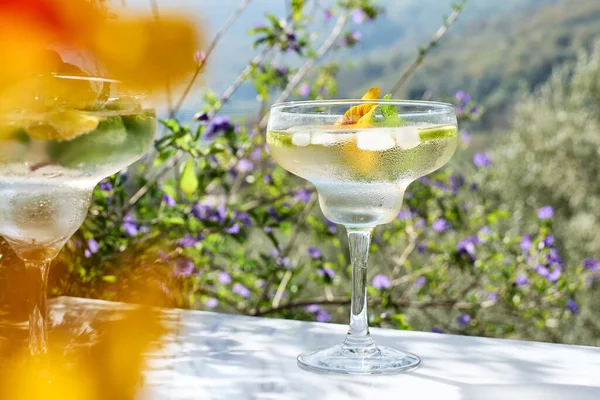 Geeiste Limonade Mit Essbaren Kapuzinerkresseblüten Limetten Und Minzblättern Erfrischendes Sommergetränk — Stockfoto