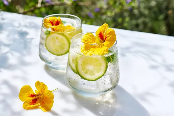 Mrożona Lemoniada Jadalnymi Kwiatami Nasturcji Limonką Liśćmi Mięty Odświeżający Letni — Zdjęcie stockowe