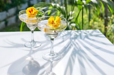 Yenilebilir nasturtiyum çiçekleri, limon ve nane yapraklı buzlu limonata. Tazeleyici yaz içeceği. Sağlıklı organik yaz gazozu. Detoks suyu. Diyet alkolsüz kuyruk kuyruğu.