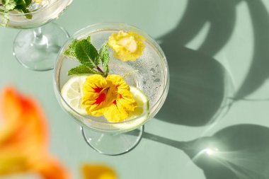 Yenilebilir nasturtiyum çiçekleri, limon ve nane yapraklı buzlu limonata. Tazeleyici yaz içeceği. Sağlıklı organik yaz gazozu. Detoks suyu. Diyet alkolsüz kuyruk kuyruğu.