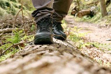 Gezgin adam dağ ormanlarında yürüyüş yapıyor. Ağaç kütüğünde yürüyen, dağ ayakkabısı giymiş insan ayaklarına yakın. Sağlık ve sağlıklı yaşam tarzı için doğada egzersiz ve uygunluk.