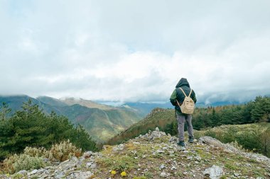 Dağ ormanlarında yürüyüş yapan gezgin adam, kayanın üzerinde duruyor ve panoramik dağ vadisine bakıyor..