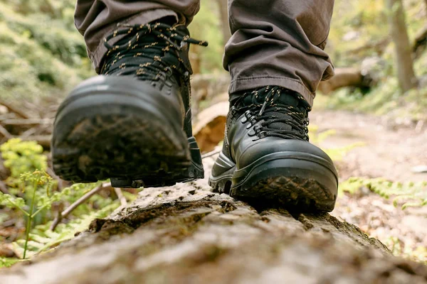 Viajero Tiene Senderismo Bosque Montaña Primer Plano Pies Humanos Zapato —  Fotos de Stock