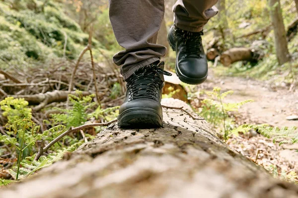 旅行者の男は山の森でハイキングをしている 山の靴の木のログを歩いて人間の足を閉じる 健康と健康的なライフスタイルのための自然の中で運動とフィットネス — ストック写真