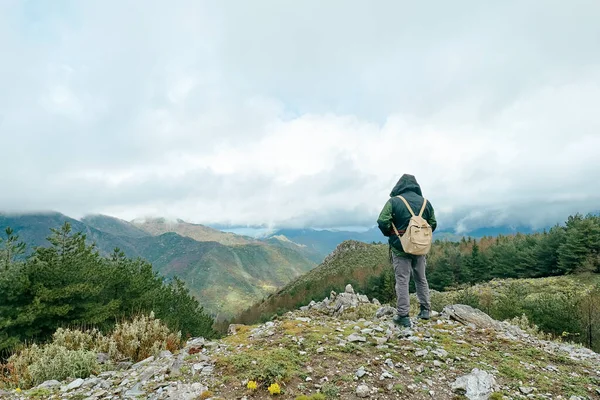 Viaggiatore Uomo Escursioni Nella Foresta Montagna Piedi Sulla Pietra Guardando — Foto Stock