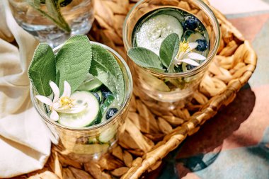 Serinletici yaz içeceği. Bahçedeki masada salatalık, adaçayı, salatalık ve limon çiçeği ile karıştırılmış su. Taze, sağlıklı, soğuk detoks içeceği. Spor içeceği..