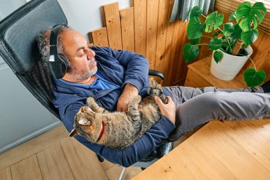 Kulaklıklı adam kapalı mekan sahnesinde sevimli tekir kediye sarılıyor. İnsan-hayvan ilişkileri. Komik ev hayvanı. Evsiz hayvanlar. Evcil hayvanlar önemser. Komik ev hayvanı. Kedi günü. Evcil hayvan..