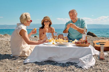 Yaz pikniği. Bir grup orta yaşlı arkadaş sahilde taze meyve, şarap ve aperatiflerle piknik yapıyor, şarap içiyor, konuşuyor, eğleniyor, yemek yiyor..