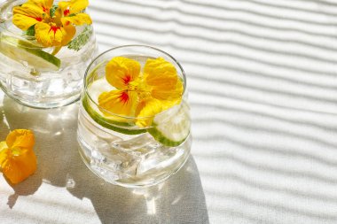 Yenilebilir nasturtiyum çiçekleri, limon ve nane yapraklı buzlu limonata. Tazeleyici yaz içeceği. Sağlıklı organik yaz gazozu. Detoks suyu. Diyet alkolsüz kuyruk kuyruğu.