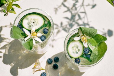 Serinletici yaz içeceği. Bahçedeki masada salatalık, adaçayı, salatalık ve limon çiçeği ile karıştırılmış su. Taze, sağlıklı, soğuk detoks içeceği. Spor içeceği..