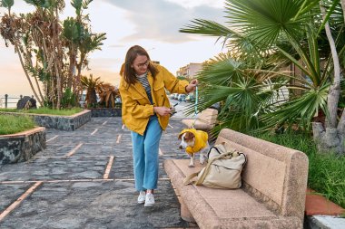 Sarı ceketli bir kadın baharda ya da sonbahar gününde sarı yağmurluk giymiş şirin Jack Russell Terrier 'iyle deniz kenarında yürüyüş yapıyor..