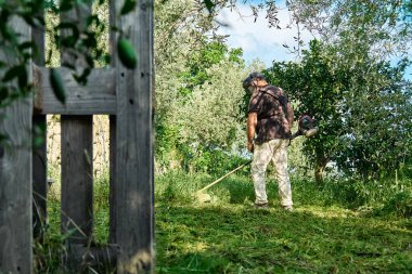 Bahçede çim biçme makinesiyle çim biçen bahçıvan. Bahçede çim biçme makinesi kullanan, yeşil çim biçen bir adam..