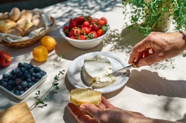 İsimsiz bir kadın bahçede sağlıklı kahvaltı için küçük sandviçler hazırlıyor. Krem peynirli tost, yabanmersinli, çilekli, hindistan cevizli ve otlu yaz pikniği veya brunch 'ı için.
