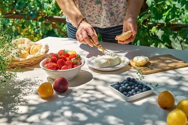 Anonymous woman making sweet mini sandwiches for healthy breakfast in the garden. Toast with cream cheese, blueberry, strawberry, coconut flakes and herbs for summer picnic or brunch
