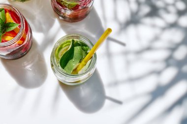 Detoks içeceği. Limon, böğürtlen ve otlarla doldurulmuş farklı türde su. Ev yapımı yaz kokteyli. Taze, sağlıklı soğuk içecek..